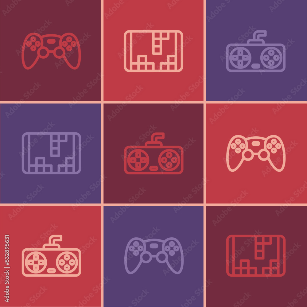 Poster set line game controller or joystick, and portable video game console icon. vector