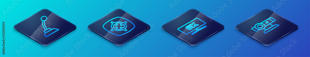 Poster set isometric line computer monitor, microphone, web camera and target sport icon. vector