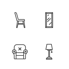 Set line Floor lamp, Armchair, Chair and Big full length mirror icon. Vector