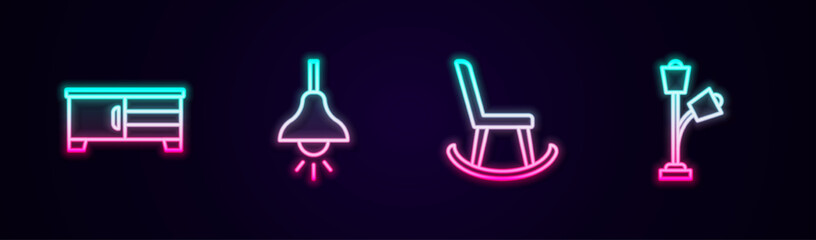 Set line TV table stand, Lamp hanging, Armchair and Floor lamp. Glowing neon icon. Vector