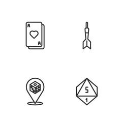 Set line Game dice, Playing cards and Dart arrow icon. Vector