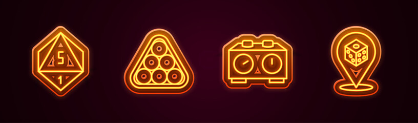Set line Game dice, Billiard balls in triangle, Time chess clock and . Glowing neon icon. Vector