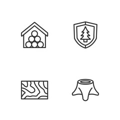 Set line Tree stump, Wooden beam, logs and Shield with tree icon. Vector