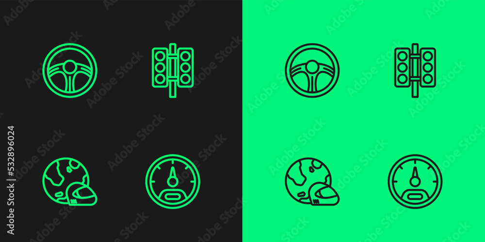 Wall mural Set line Speedometer, Racing helmet, steering wheel and traffic light icon. Vector