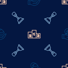 Fototapeta premium Set line Racing helmet, Gear shifter and Award over sports winner podium on seamless pattern. Vector