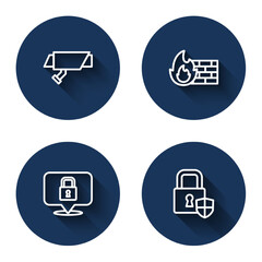 Set line Security camera, Firewall, security wall, Lock and Shield with lock with long shadow. Blue circle button. Vector