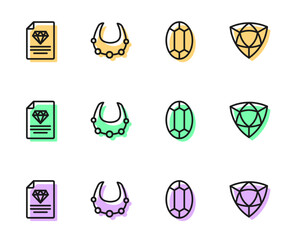 Set line Gem stone, Certificate of the diamond, Necklace and Diamond icon. Vector