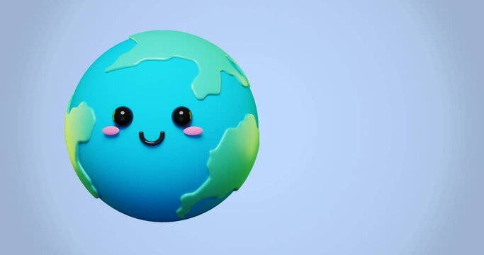 Loop animation of 3d adorable cartoon earth, green planet with happy mood in sunny day as concept for peace. 3d render animation