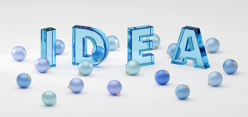 3d rendered glass letters with idea text on them on grey background Cristmass mood front view