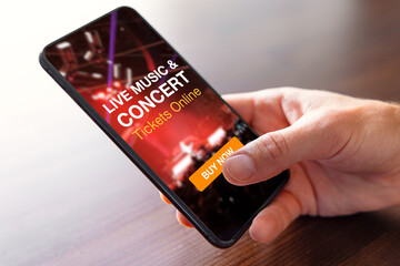 Person buying music concert tickets online on mobile phone - obrazy, fototapety, plakaty