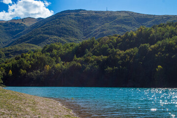 Lago di Fiastra, reservoir in the province of Macerata, Marche region, Italy. Within the Monti...
