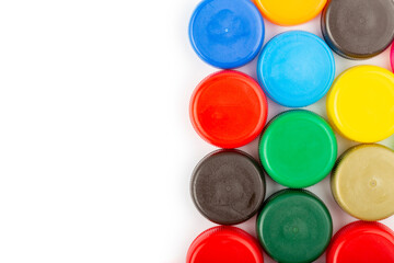 Сolorful plastic caps on white background, recycle for environment concept. Separate waste sorting. Space for text.