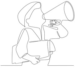 Continuous line drawing of a boy holding newspaper and vintage megaphone