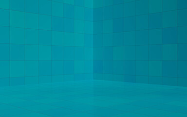 Turquoise ceramic tile wall and floor background and texture. Angle room background. Mockup for kitchen, bathroom, room, toilet. Empty space for your design. 3d rendering illustration..