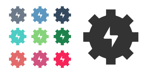 Black Gear and lightning icon isolated on white background. Electric power. Lightning bolt sign. Set icons colorful. Vector