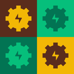 Pop art Gear and lightning icon isolated on color background. Electric power. Lightning bolt sign. Vector