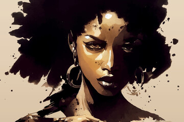 Painted portrait of the confidence African woman in brown colours, ai generated, is not based on any real image or character