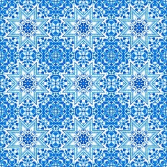 Blue white watercolor azulejos tile background. Seamless coastal geometric floral mosaic effect. Ornamental arabesque all over summer fashion damask repeat
