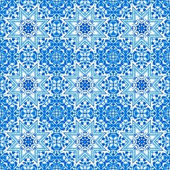 Blue white watercolor azulejos tile background. Seamless coastal geometric floral mosaic effect. Ornamental arabesque all over summer fashion damask repeat