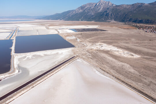 Aerial image of dry lake using for salt industry 