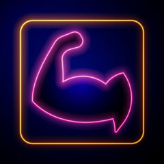 Glowing neon Bodybuilder showing his muscles icon isolated on black background. Fit fitness strength health hobby concept. Vector