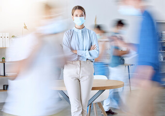 Covid, busy office and business woman portrait with face mask rules for staff safety, healthcare...