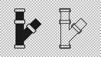 Black Industry metallic pipe icon isolated on transparent background. Plumbing pipeline parts of different shapes. Vector