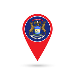 Map pointer with flag of Michigan. Vector illustration.