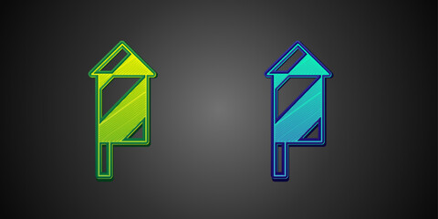 Green and blue Firework rocket icon isolated on black background. Concept of fun party. Explosive pyrotechnic symbol. Vector