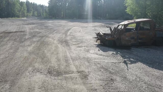 War in Ukraine, Remains of Destroyed and burned by Ukrainian army,  russian battle vehicle of the Russian invaders after counteroffensive