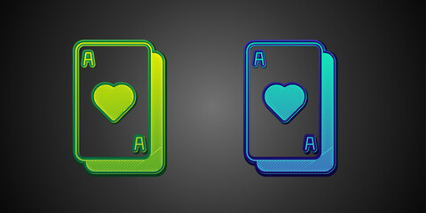 Green and blue Playing cards icon isolated on black background. Casino gambling. Vector