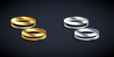 Gold and silver Checker game chips icon isolated on black background. Long shadow style. Vector