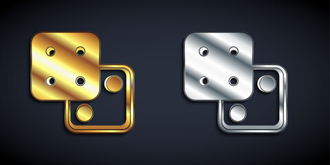 Gold and silver Game dice icon isolated on black background. Casino gambling. Long shadow style. Vector