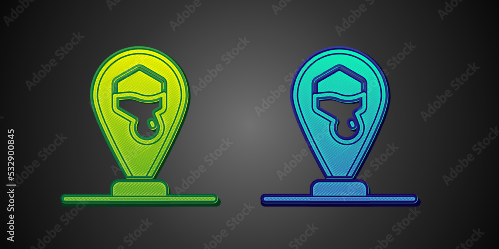 Poster green and blue honeycomb bee location map pin pointer icon isolated on black background. farm animal