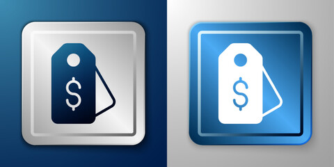 White Price tag with dollar icon isolated on blue and grey background. Badge for price. Sale with dollar symbol. Promo tag discount. Silver and blue square button. Vector