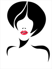illustration of women short hair style and make up face on white background, vector. Beautiful woman face, Sexy red lips, long eyelashes. Bob hairstyle icon, woman model with volume hair