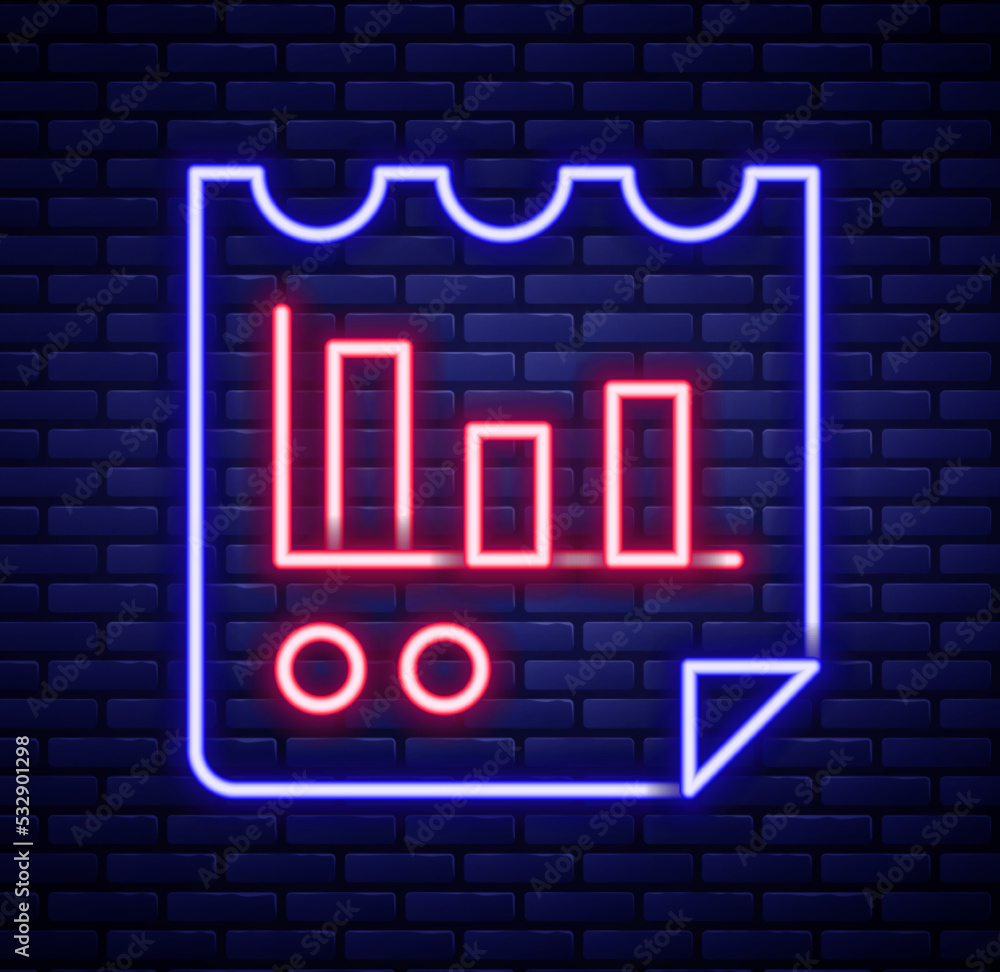 Poster glowing neon line document with graph chart icon isolated on brick wall background. report text file