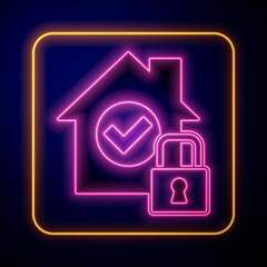 Glowing neon House under protection icon isolated on black background. Home and lock. Protection, safety, security, protect, defense concept. Vector