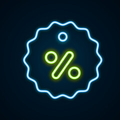 Glowing neon line Discount percent tag icon isolated on black background. Shopping tag sign. Special offer sign. Discount coupons symbol. Colorful outline concept. Vector