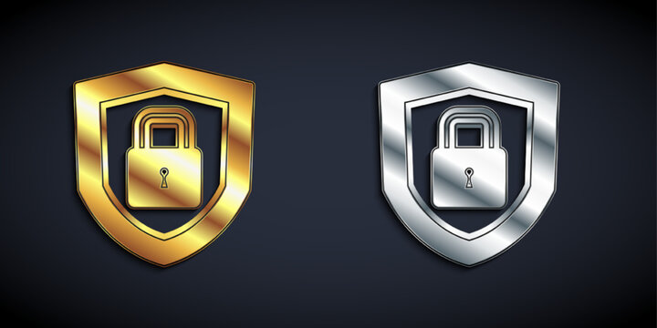 Gold and silver Shield security with lock icon isolated on black background. Protection, safety, password security. Firewall access privacy sign. Long shadow style. Vector