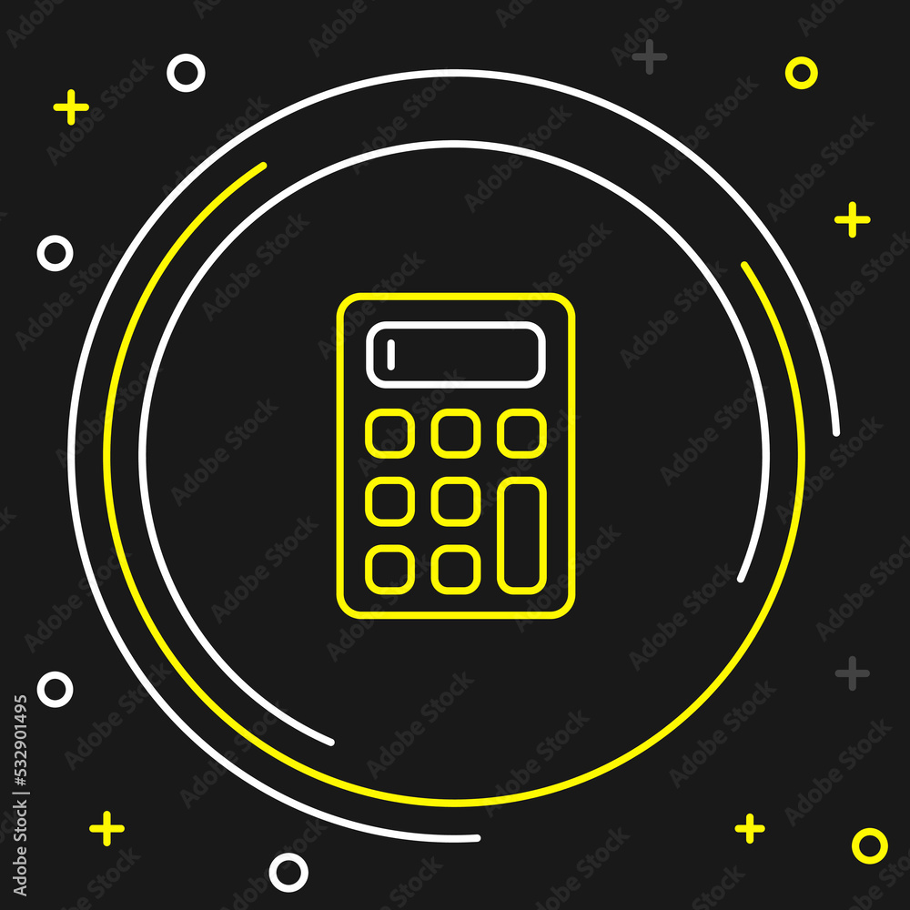 Poster line calculator icon isolated on black background. accounting symbol. business calculations mathemat