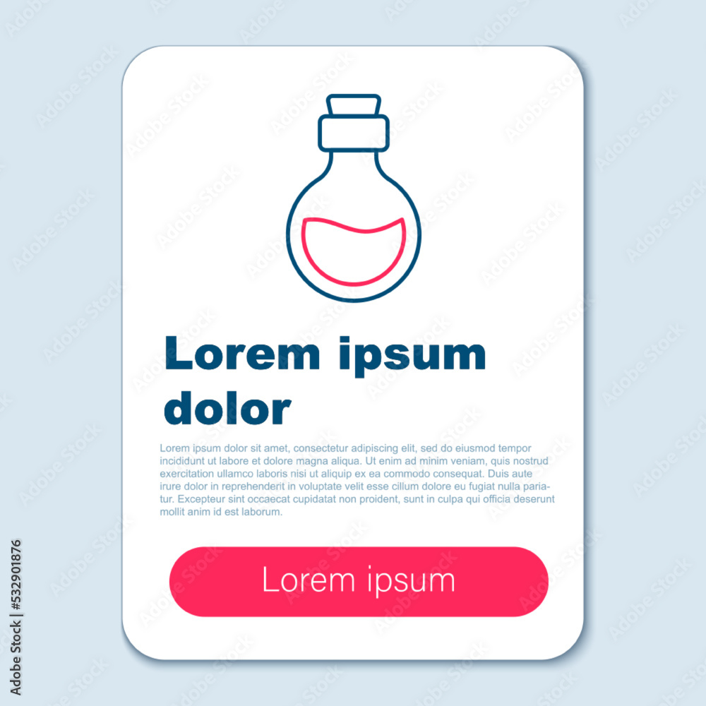 Poster line glass bottle with magic elixir icon isolated on grey background. computer game asset. colorful 