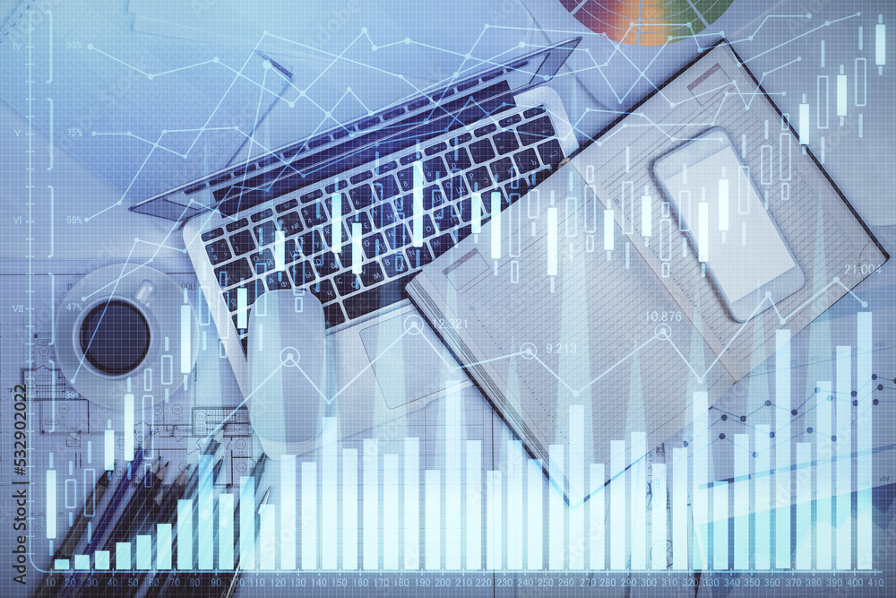 Poster Multi exposure of forex chart drawing over table background with computer. Concept of financial research and analysis. Top view.