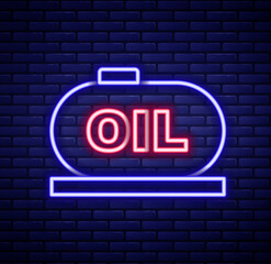 Obraz premium Glowing neon line Oil tank storage icon isolated on brick wall background. Vessel tank for oil and gas industrial. Oil tank technology station. Colorful outline concept. Vector