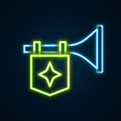 Glowing neon line Trumpet with flag icon isolated on black background. Musical instrument trumpet. Colorful outline concept. Vector