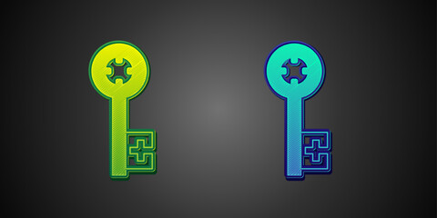 Green and blue Old key icon isolated on black background. Vector