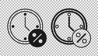 Black Clock and percent discount icon isolated on transparent background. Vector