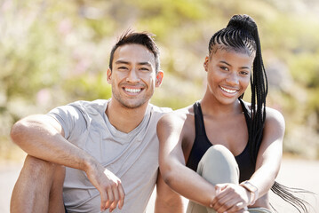 Fitness, portrait and happy and diverse couple bonding after morning run, relax and rest while sitting outside. Smiling woman enjoying a healthy lifestyle with asian boyfriend, cheerful and carefree - Powered by Adobe