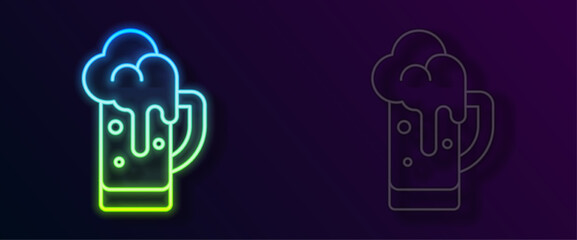 Glowing neon line Glass of beer icon isolated on black background. Vector