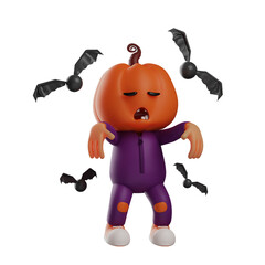 3D illustration. 3D Halloween Scarecrow Cartoon Character posing walking dead. lots of flying bats. with closed eyes expression. 3D Cartoon Character